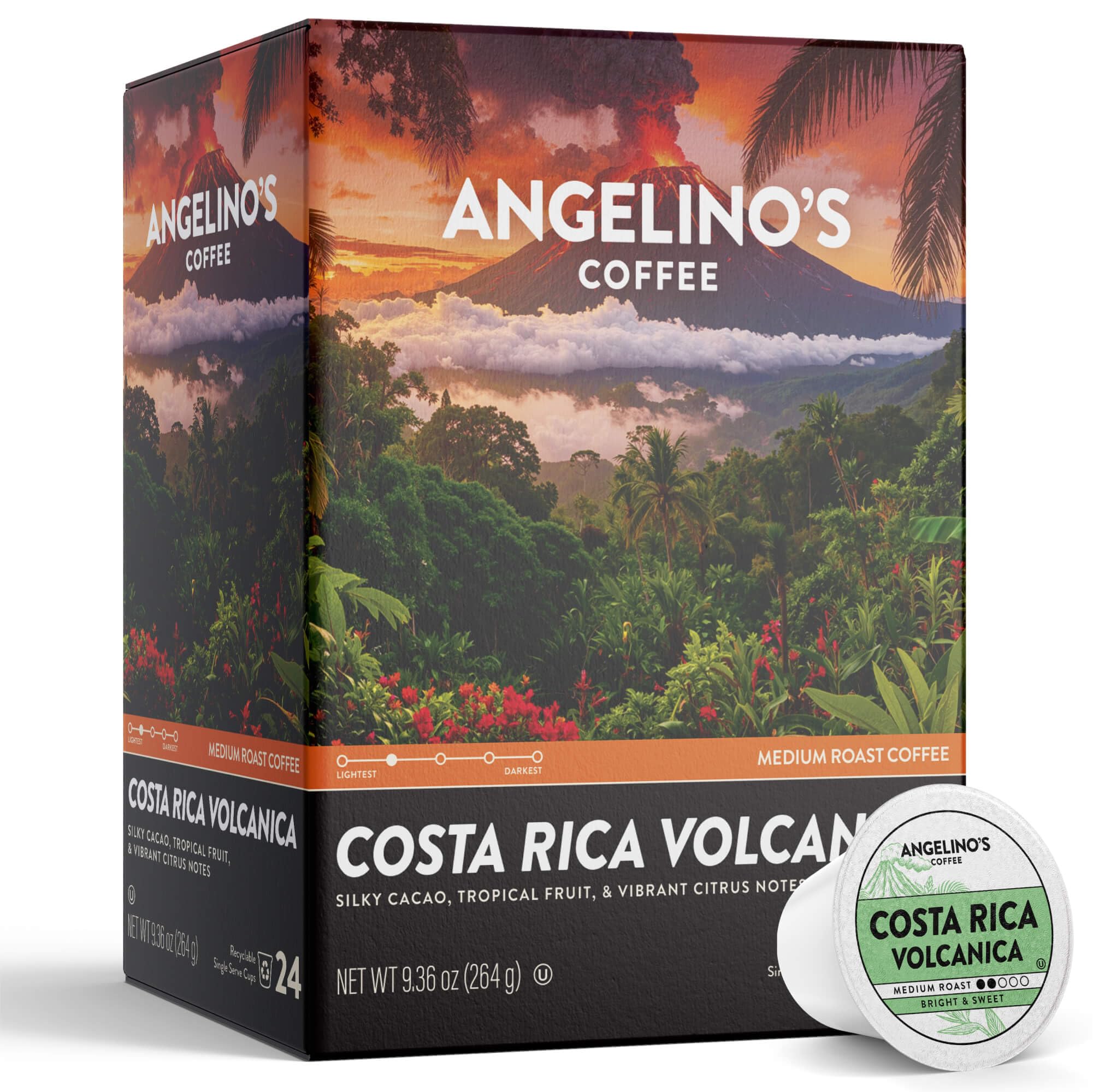Angelino's Coffee front packaging showing 24-count Volcanica pods and product benefit clear origin