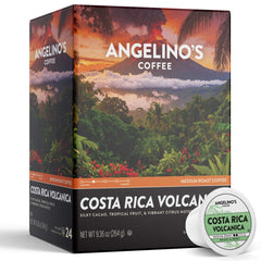 Angelino's Coffee front packaging showing 24-count Volcanica pods and product benefit clear origin