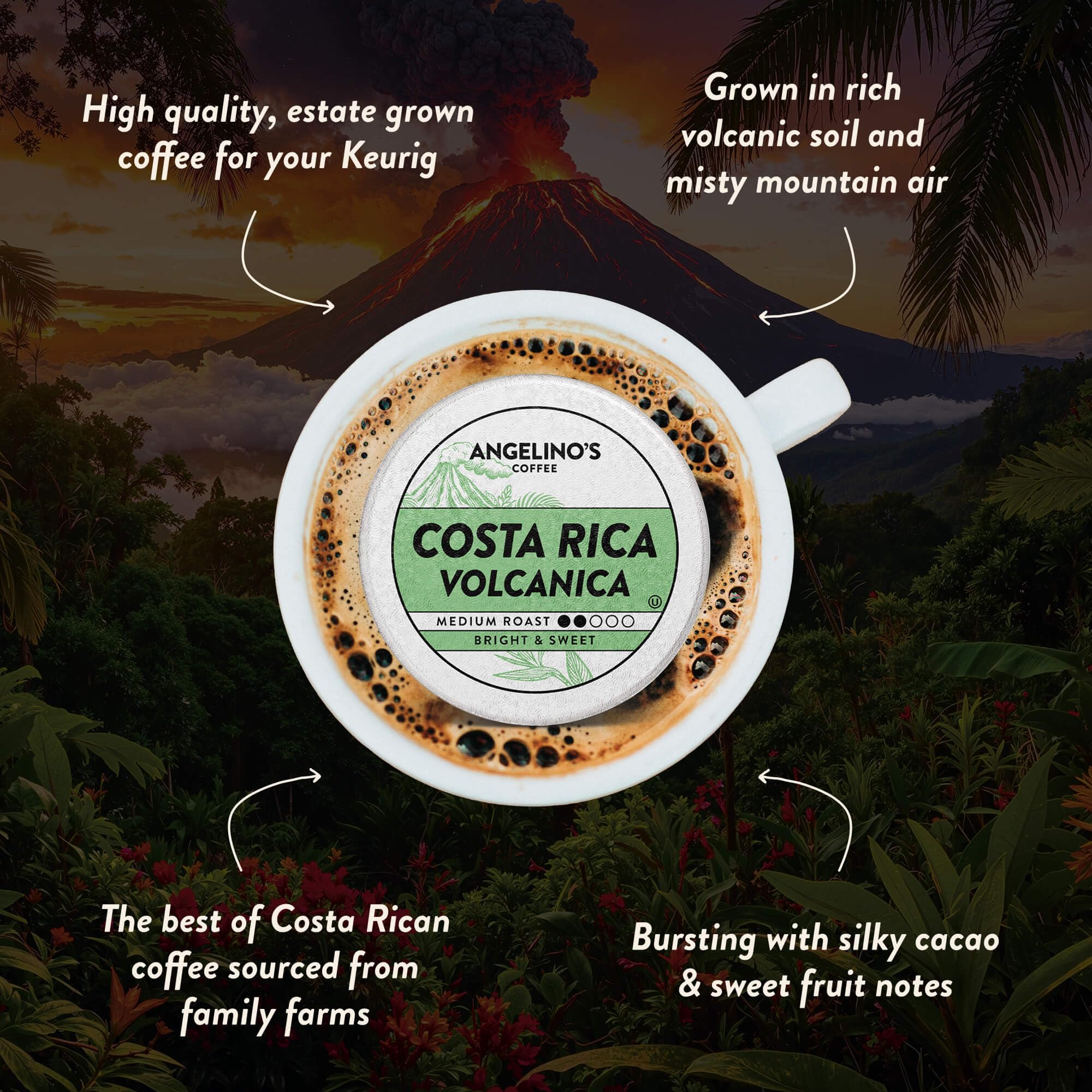 Close-up of an Angelino's Coffee pod illustrating seal and easy Keurig compatibility for convenience