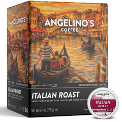 Angelino's Coffee front packaging showing bold Italian Roast and convenience