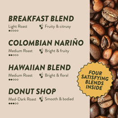 Angelino's pod side label highlighting blend names and easy identification