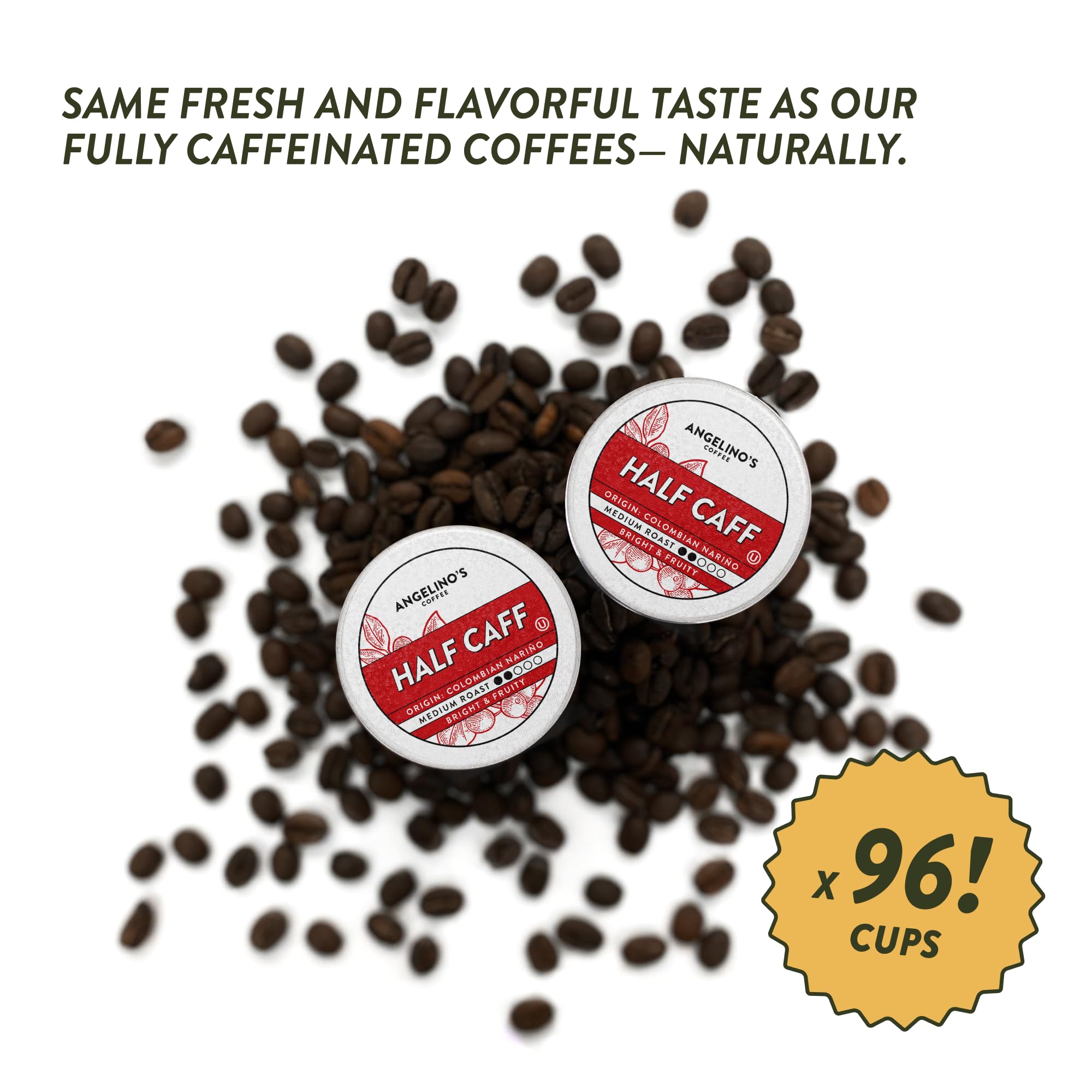Angelino's pod beside a measuring spoon illustrating single-serve scale