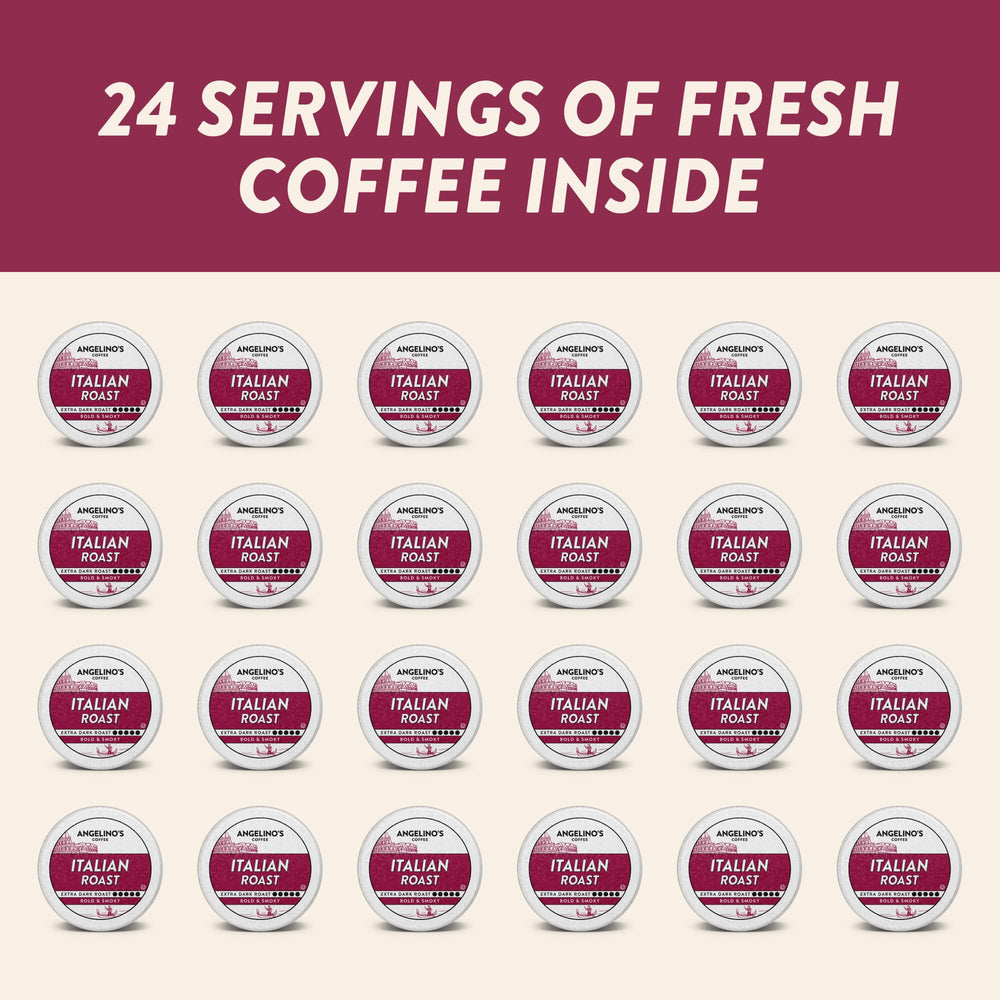Angelino's Coffee pod held in hand showing scale and single-serve convenience