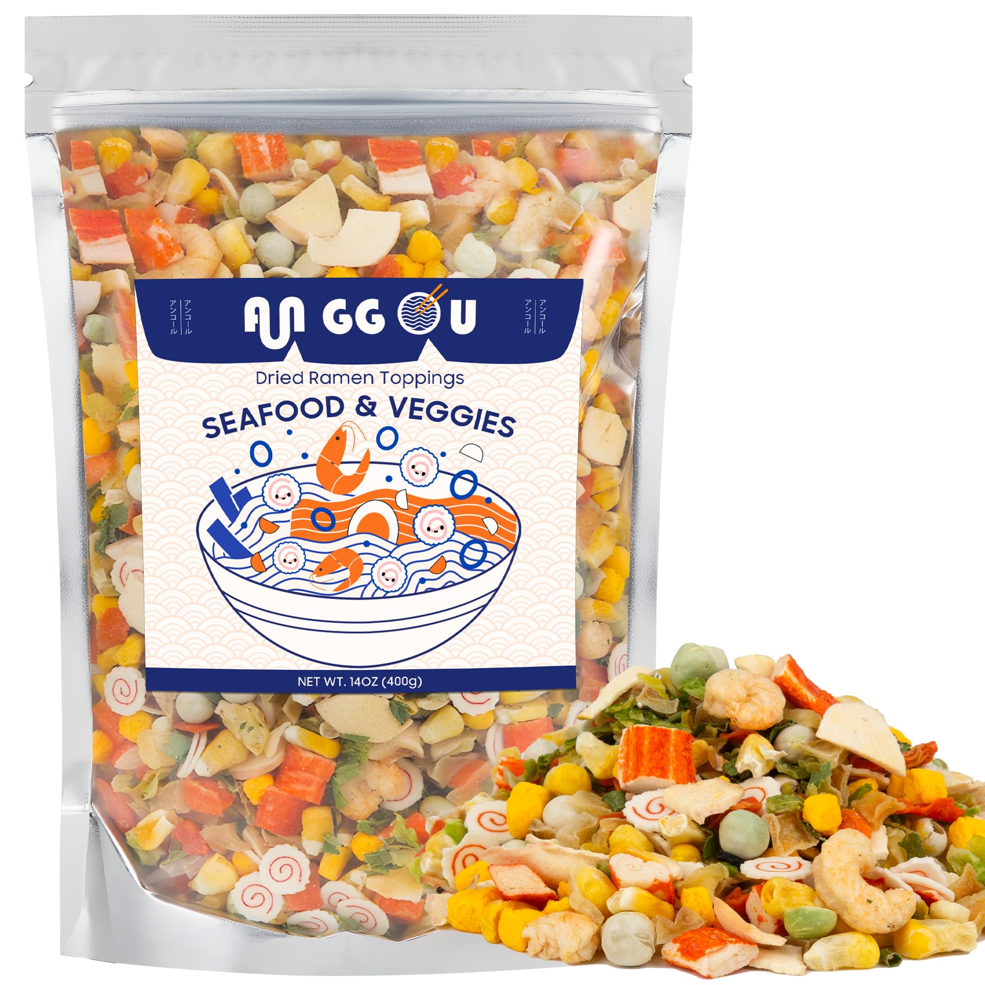 Anggou front packaging showing 14oz seafood mix and pantry convenience