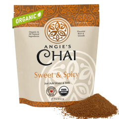 Angie's Chai front packaging showing brand and organic chai benefits