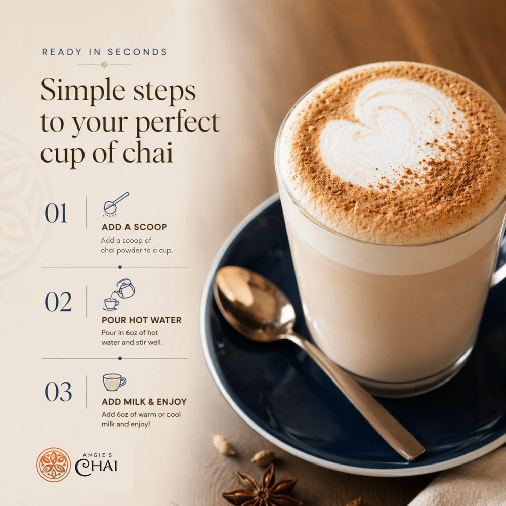 Angie's Chai scoop next to scale illustrating 30 servings benefit