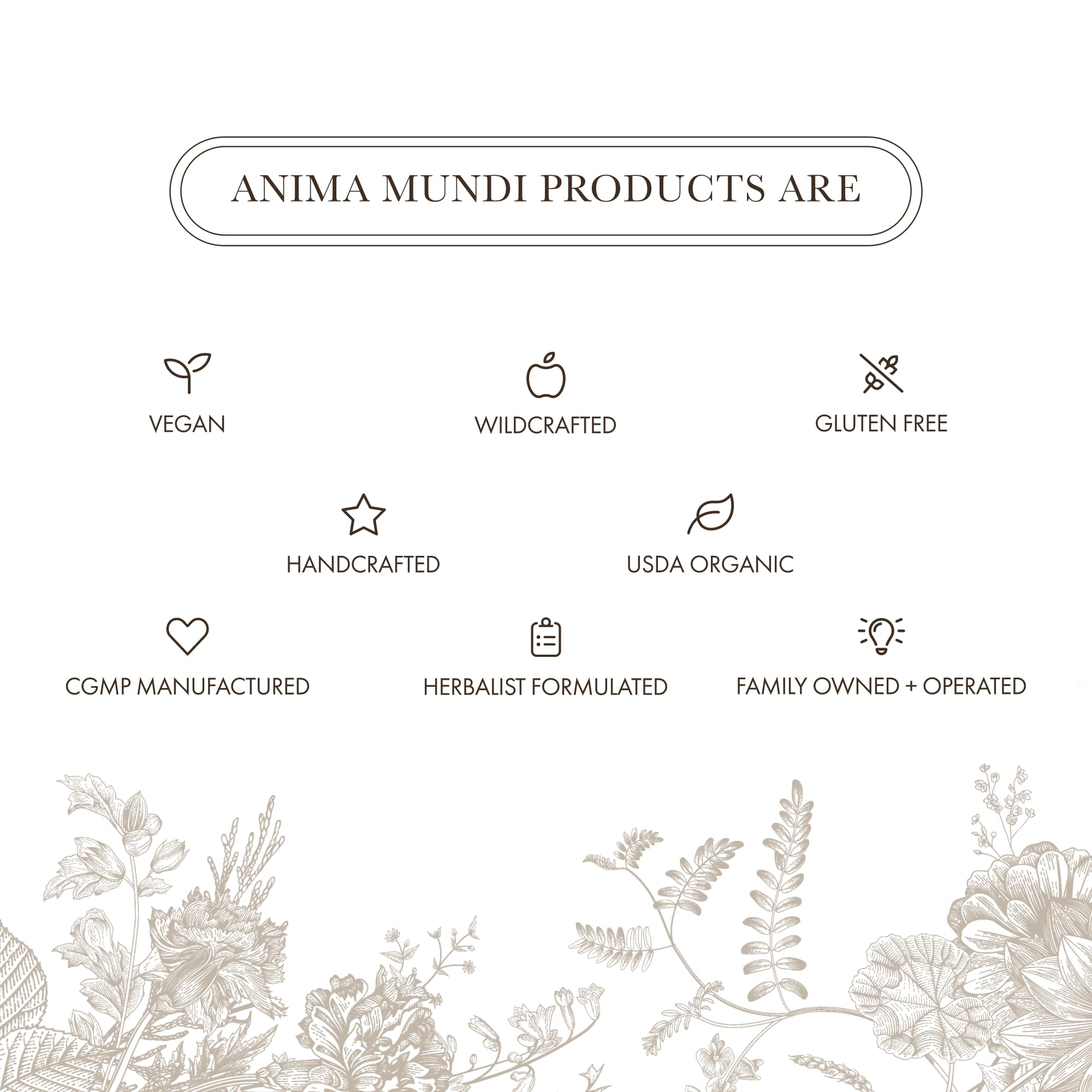 Anima Mundi product label with visible botanical ingredients, communicates crafted quality