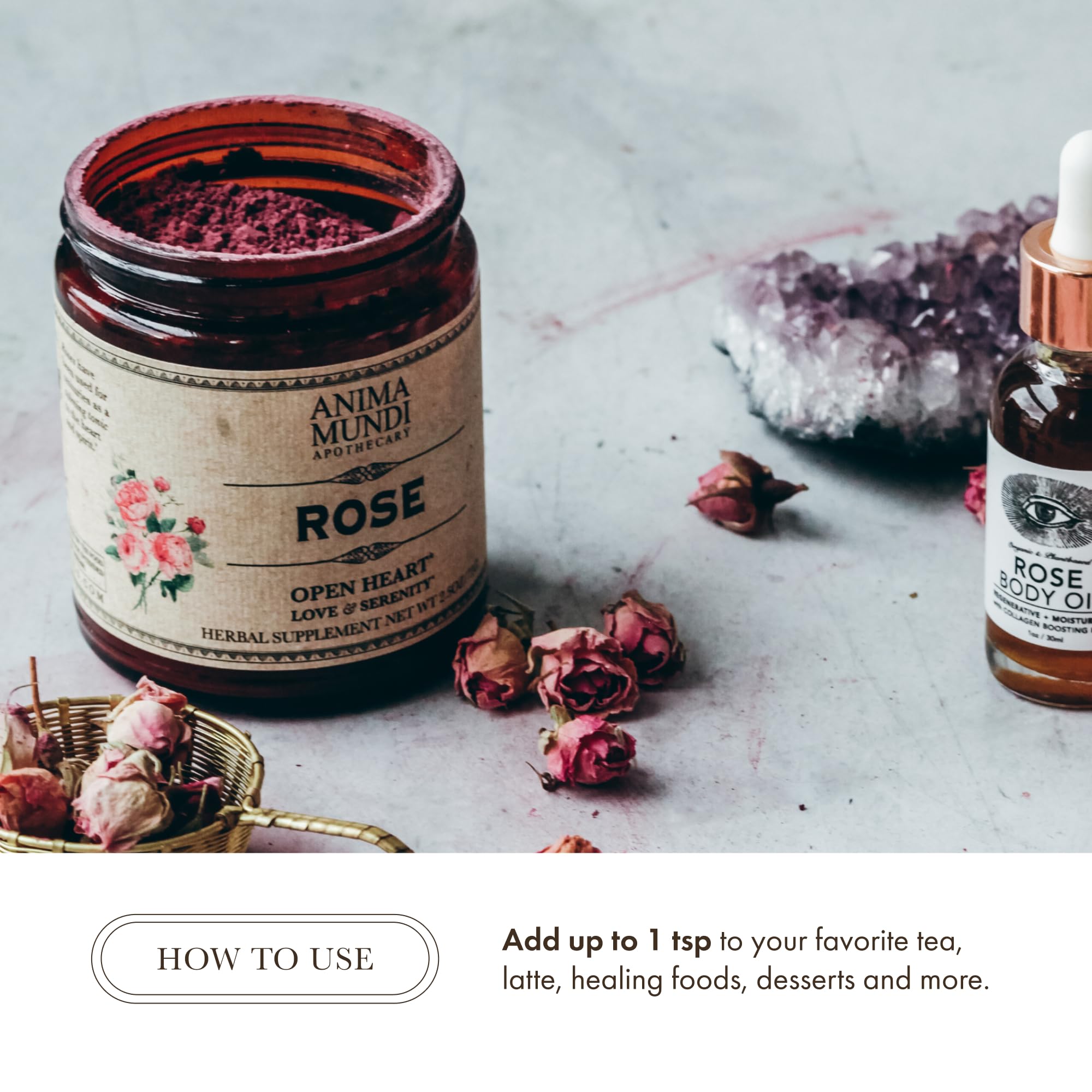 Anima Mundi rose powder used to garnish dessert, provides delicate color and scent