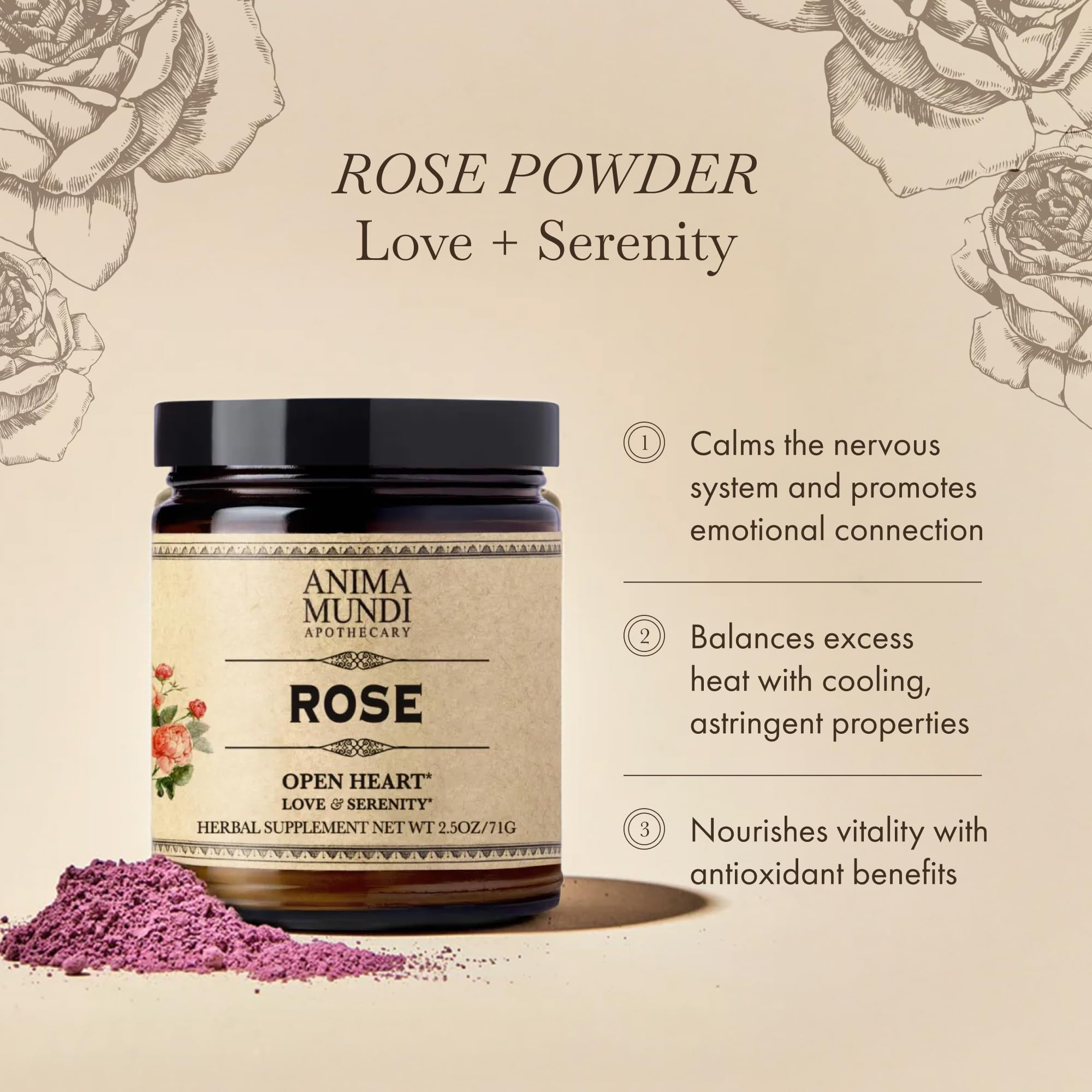 Anima Mundi close-up of fluffy rose powder texture, highlights easy mixing benefit
