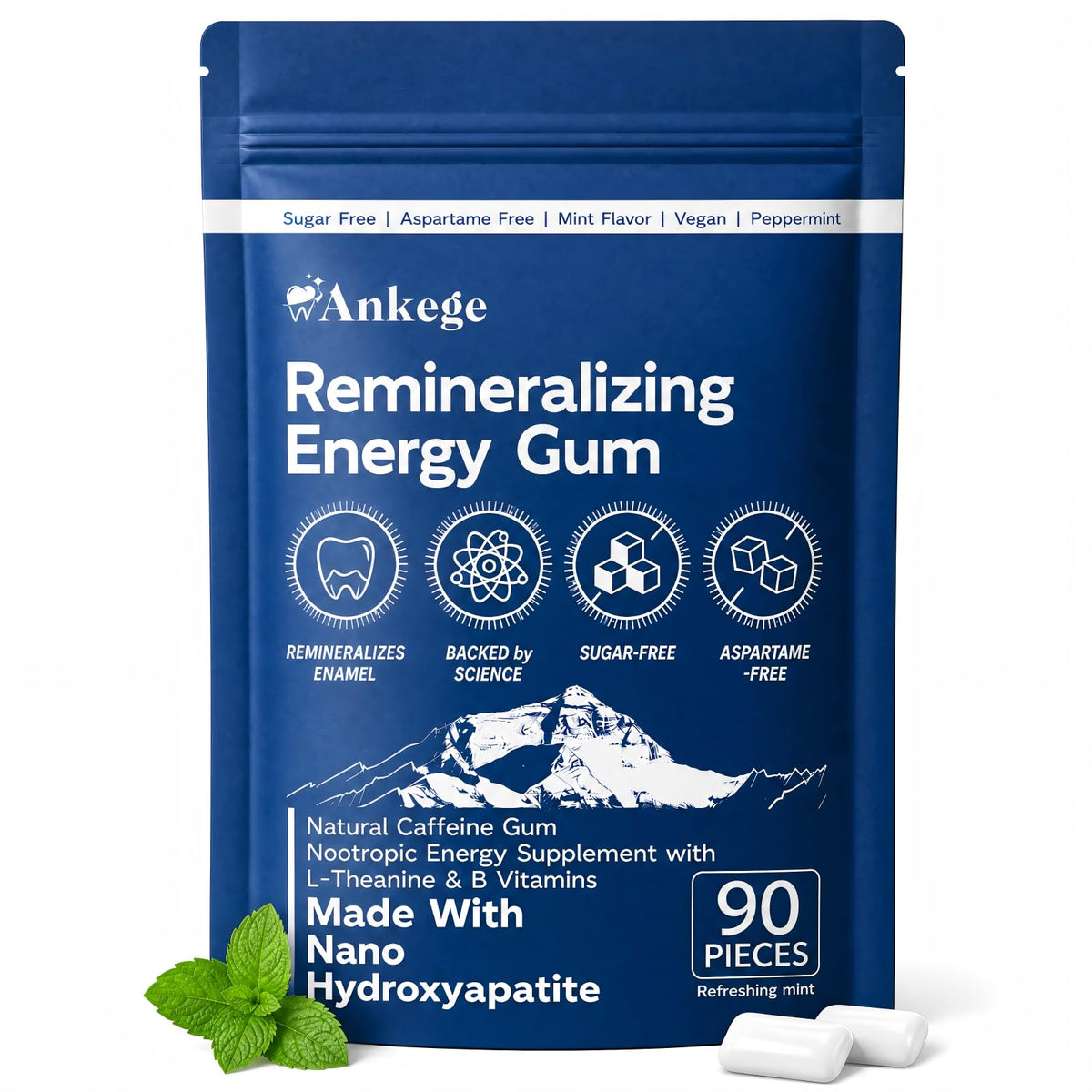 Ankege front packaging showing 90-piece mint gum and portable benefits