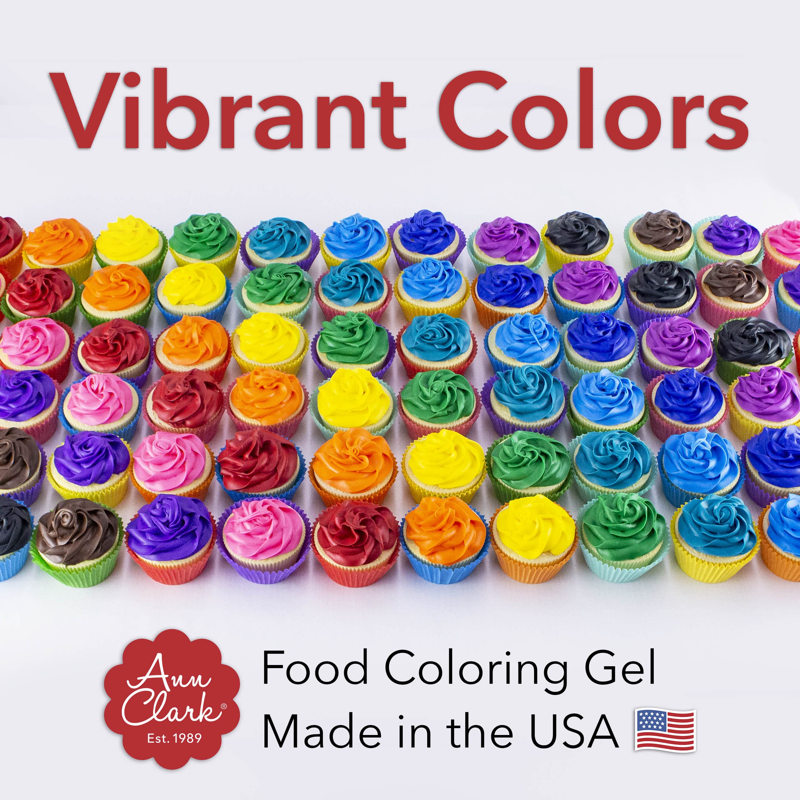 Ann Clark decorated cupcakes in a kitchen scene demonstrating vivid finished colors benefit