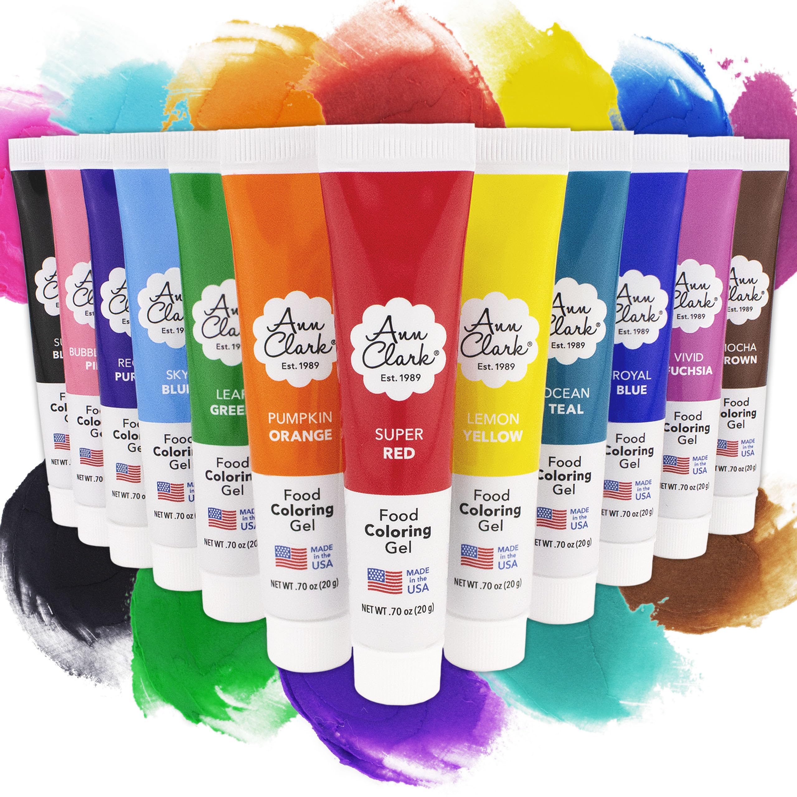 Ann Clark front packaging showing 12 gel food coloring tubes and clear palette benefit