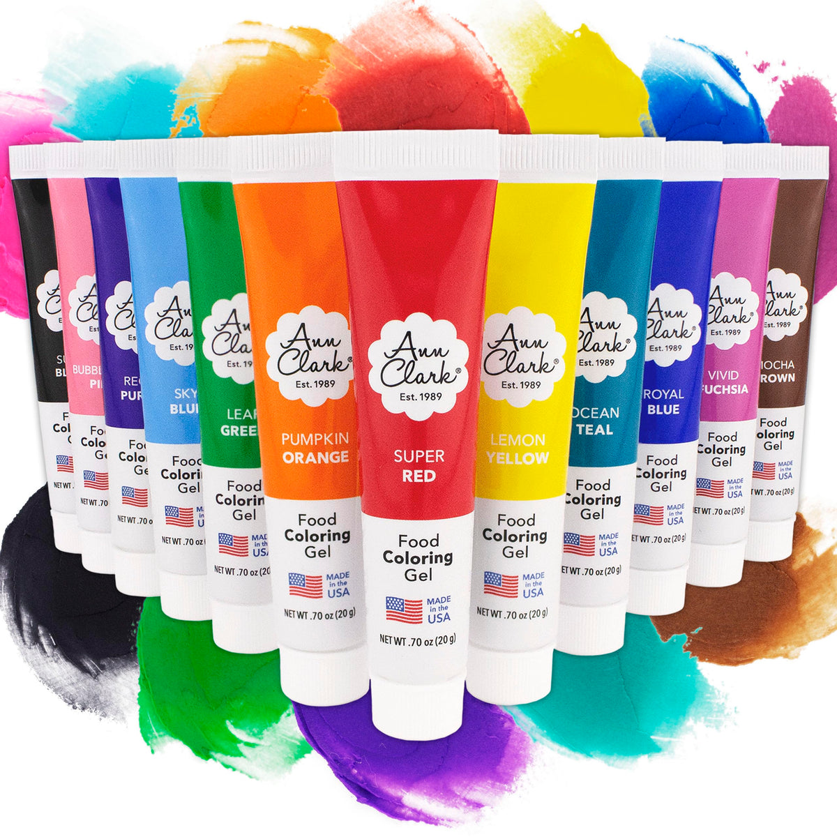 Ann Clark front packaging showing 12 gel food coloring tubes and clear palette benefit