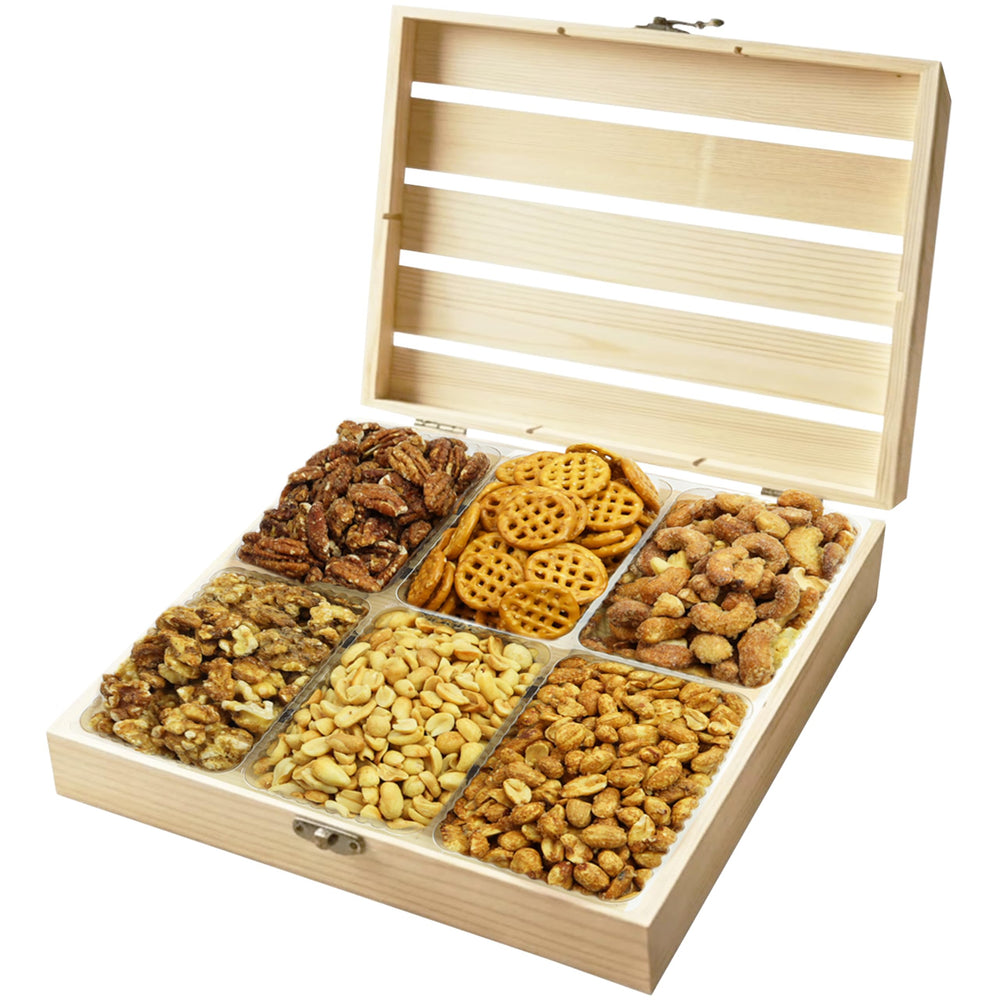 Anna and Sarah front view showing wooden tray and snacks, elegant gifting