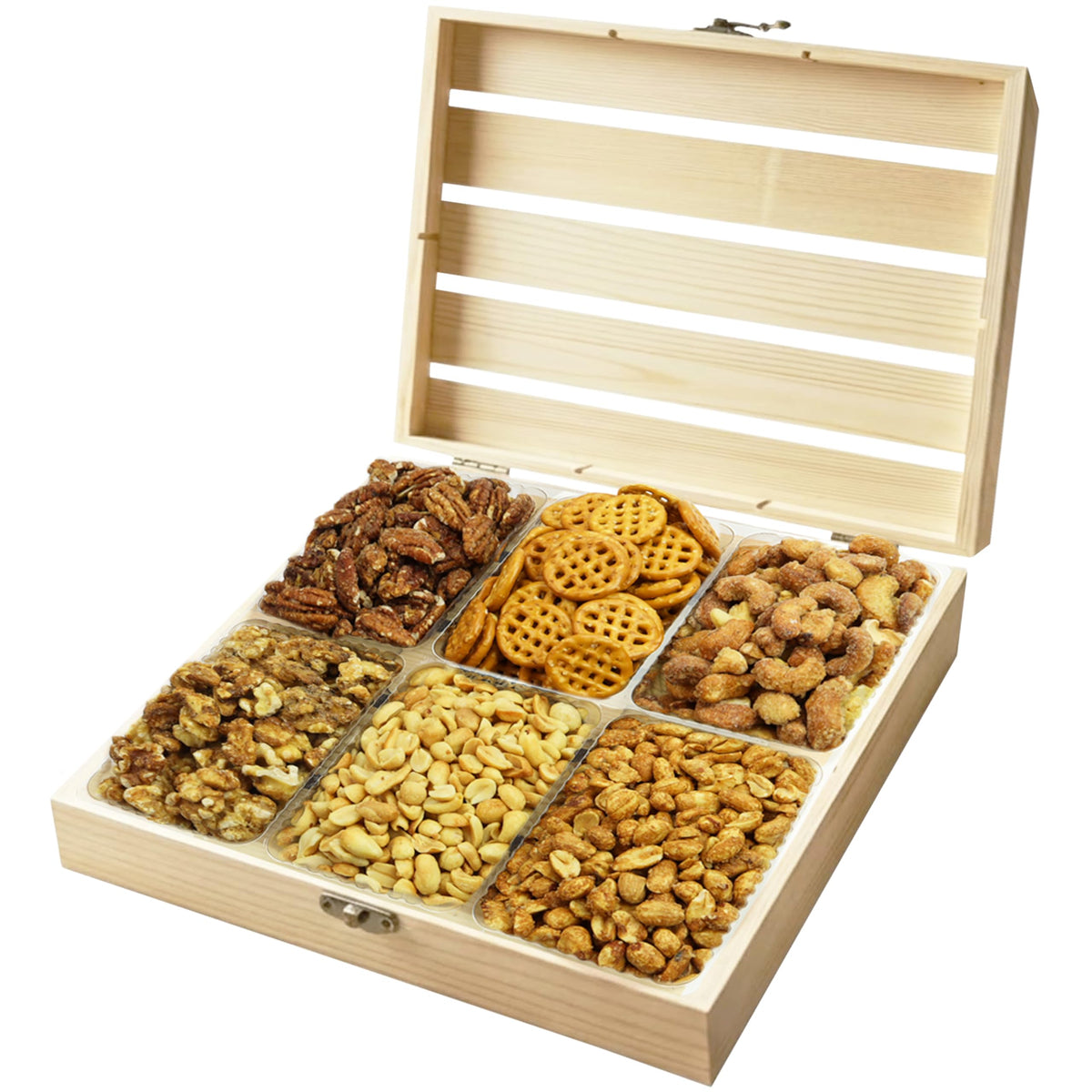 Anna and Sarah front view showing wooden tray and snacks, elegant gifting