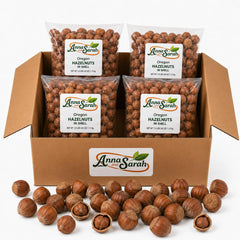 Anna and Sarah front box packaging showing 10 lb hazelnuts and clear labeling for bulk convenience
