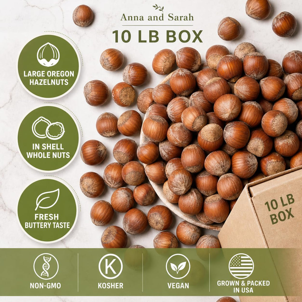 Anna and Sarah hazelnuts on branches in orchard to emphasize U.S. origin and farm-to-box traceability