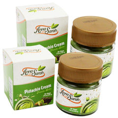 Anna and Sarah front jar view showing pistachio cream and clear glass
