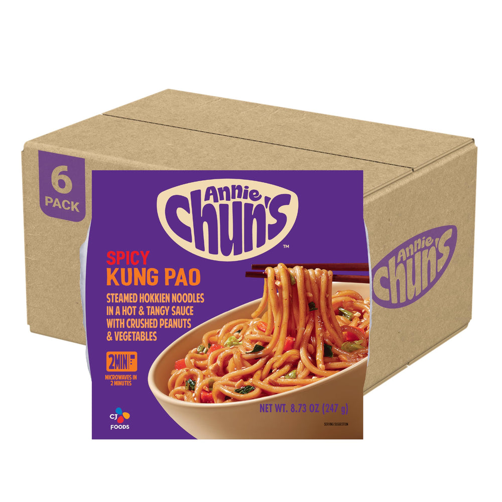 Annie Chun's front packaging showing bowl and spicy Kung Pao branding, convenient meal