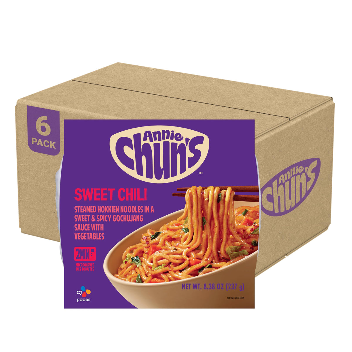 Annie Chun's front packaging showing bold sweet chili branding and convenience