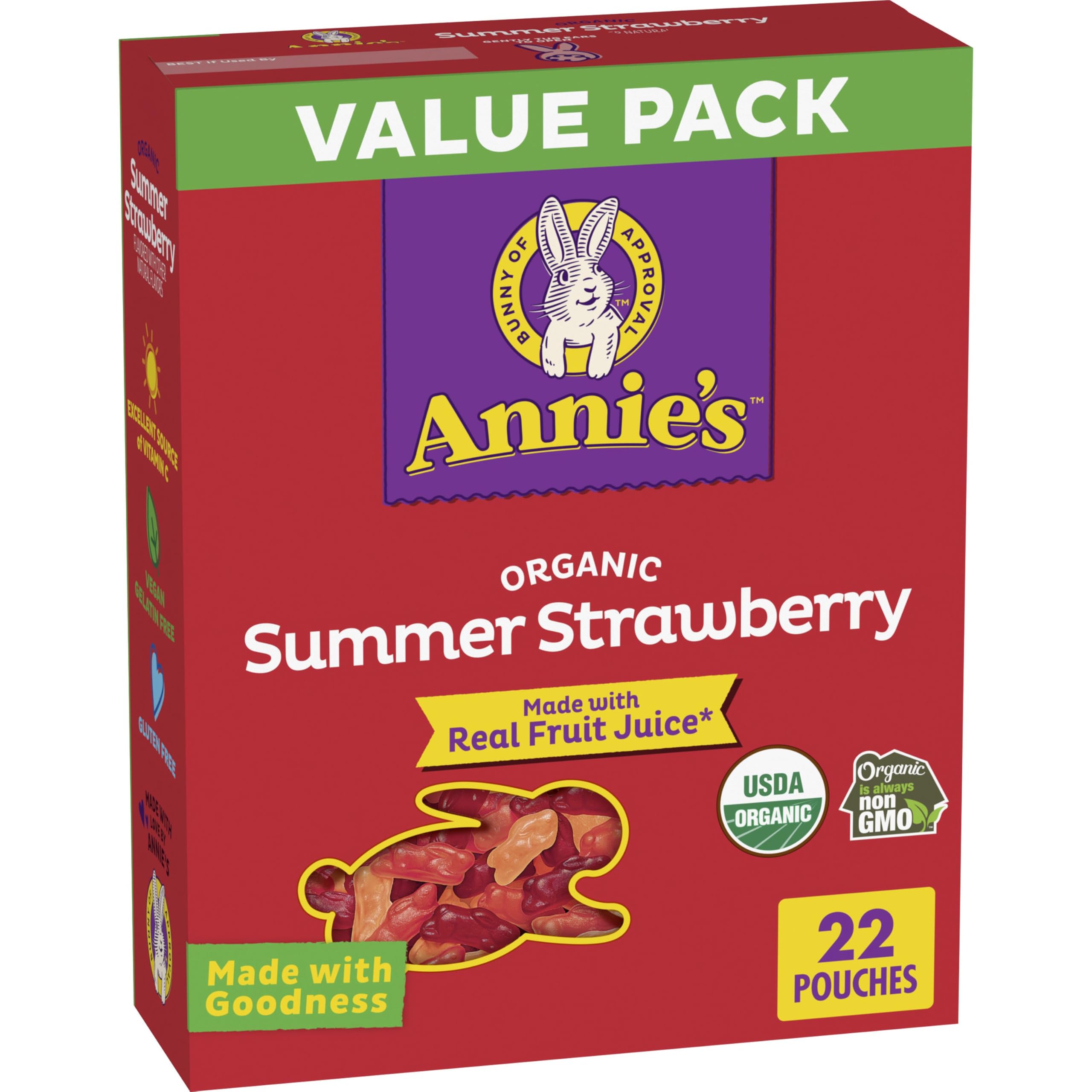 Annie's front pack value pack showing 22 pouches and organic branding benefit convenience