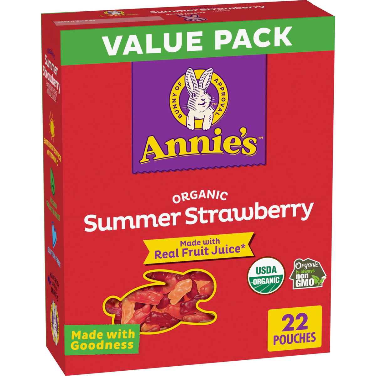 Annie's front pack value pack showing 22 pouches and organic branding benefit convenience