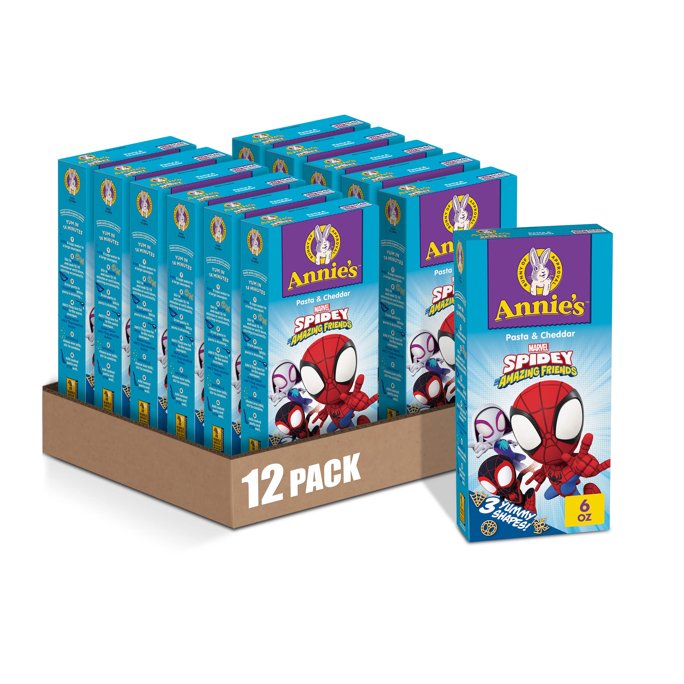 Annie's front packaging showing Spidey shapes and organic label for meal appeal