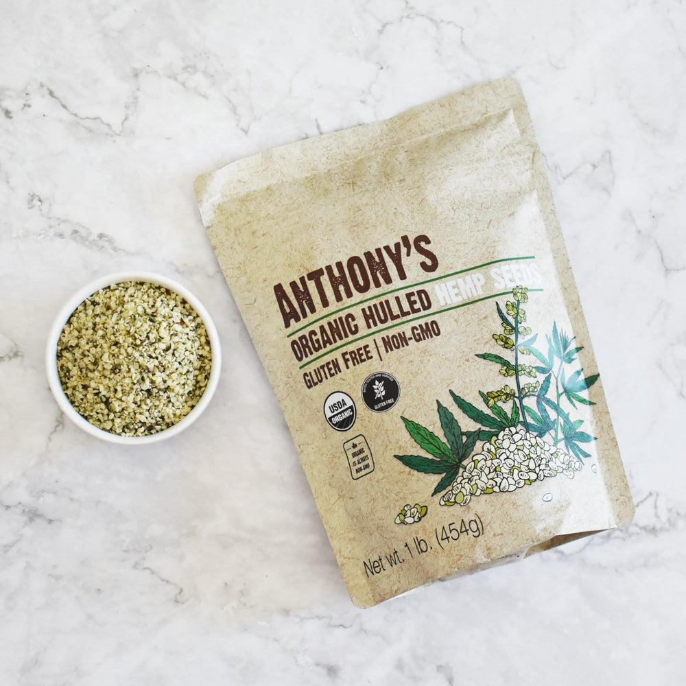 Anthony's hemp hearts on kitchen counter with bowls, suggesting versatile use