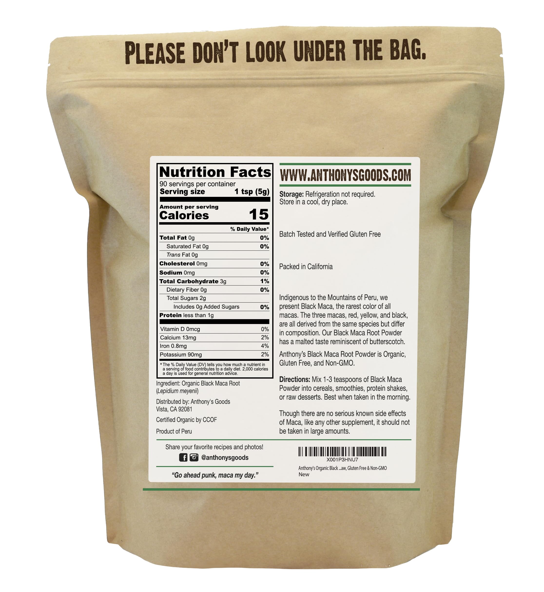 Anthony's close-up of black maca powder texture highlighting fine, raw blend