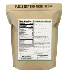 Anthony's close-up of black maca powder texture highlighting fine, raw blend