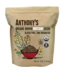 Anthony's front pouch showing 3 lb organic brown mustard seeds and storage benefit