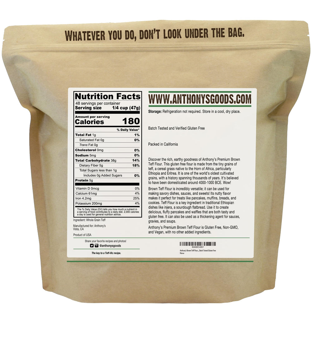 Anthony's close-up of brown teff flour texture highlighting whole-grain, nutty flavor