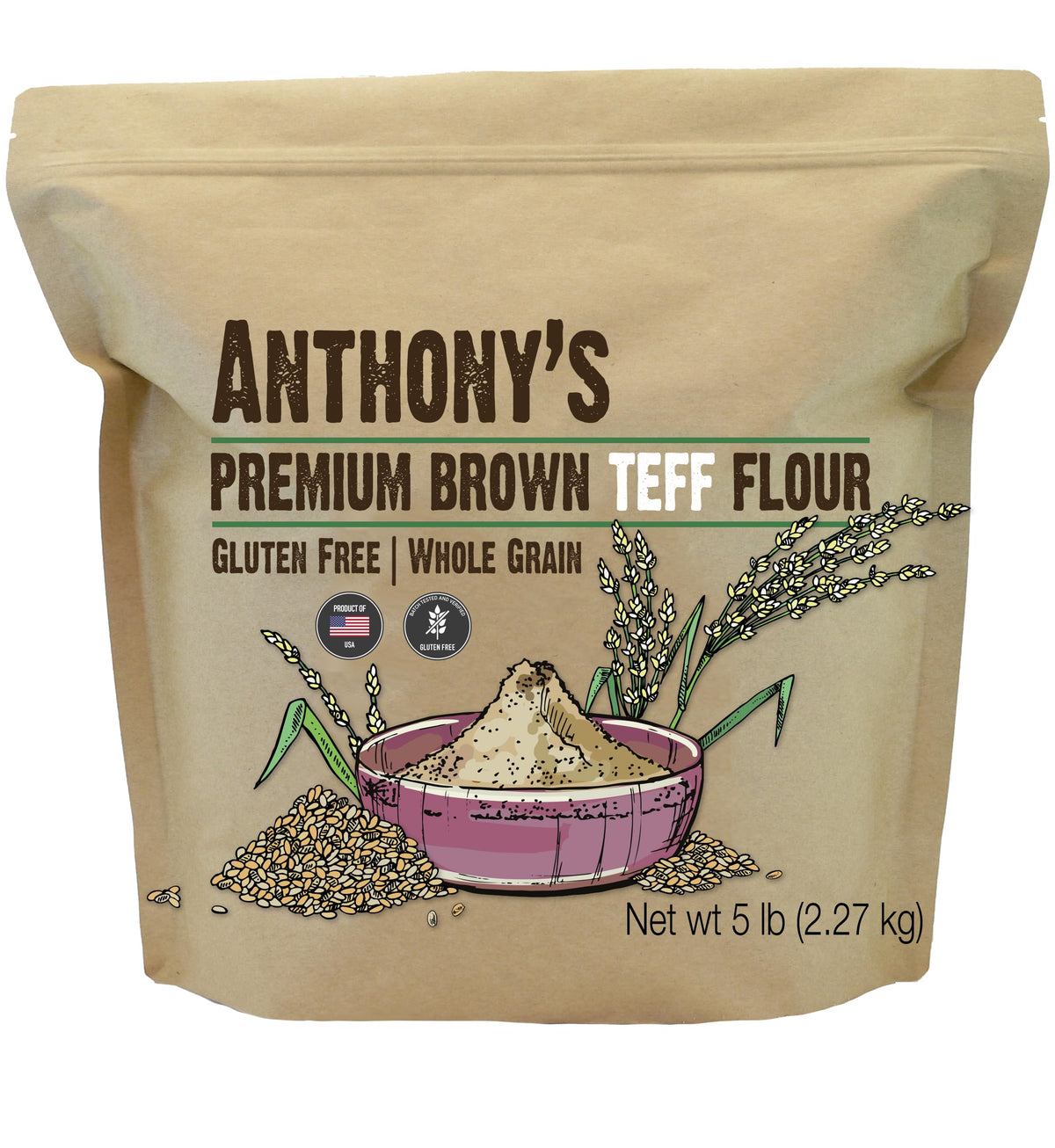 Anthony's front package view showing 5 lb bag and branding benefit of pantry-ready flour