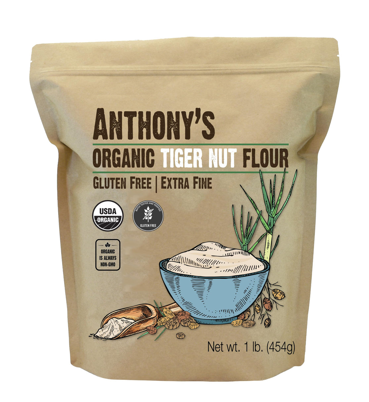 Anthony's front packaging showing 1 lb bag and organic badge, clear benefit