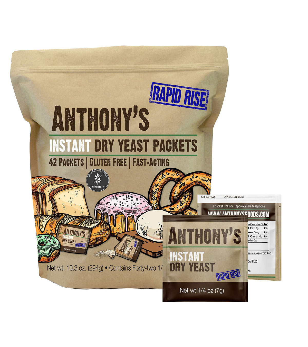 Anthony's front packaging showing 42 individual yeast packets for convenience