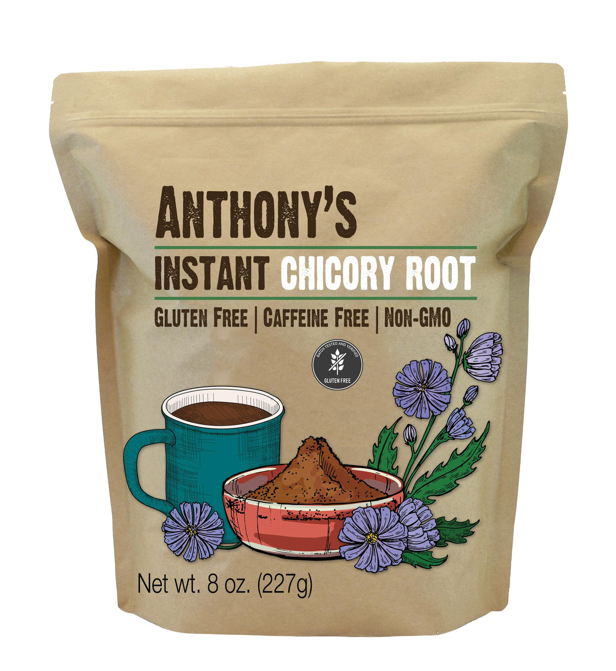 Anthony's front packaging of instant chicory root showing jar and benefits