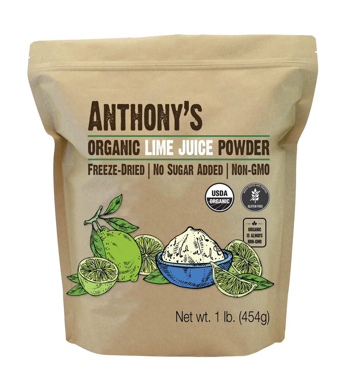 Anthony's front packaging of 1 lb organic lime juice powder showing label and benefits
