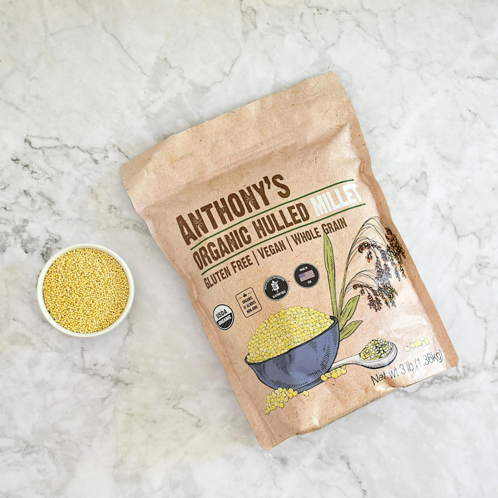 Anthony's millet in measuring cup showing portion and 3 lb supply