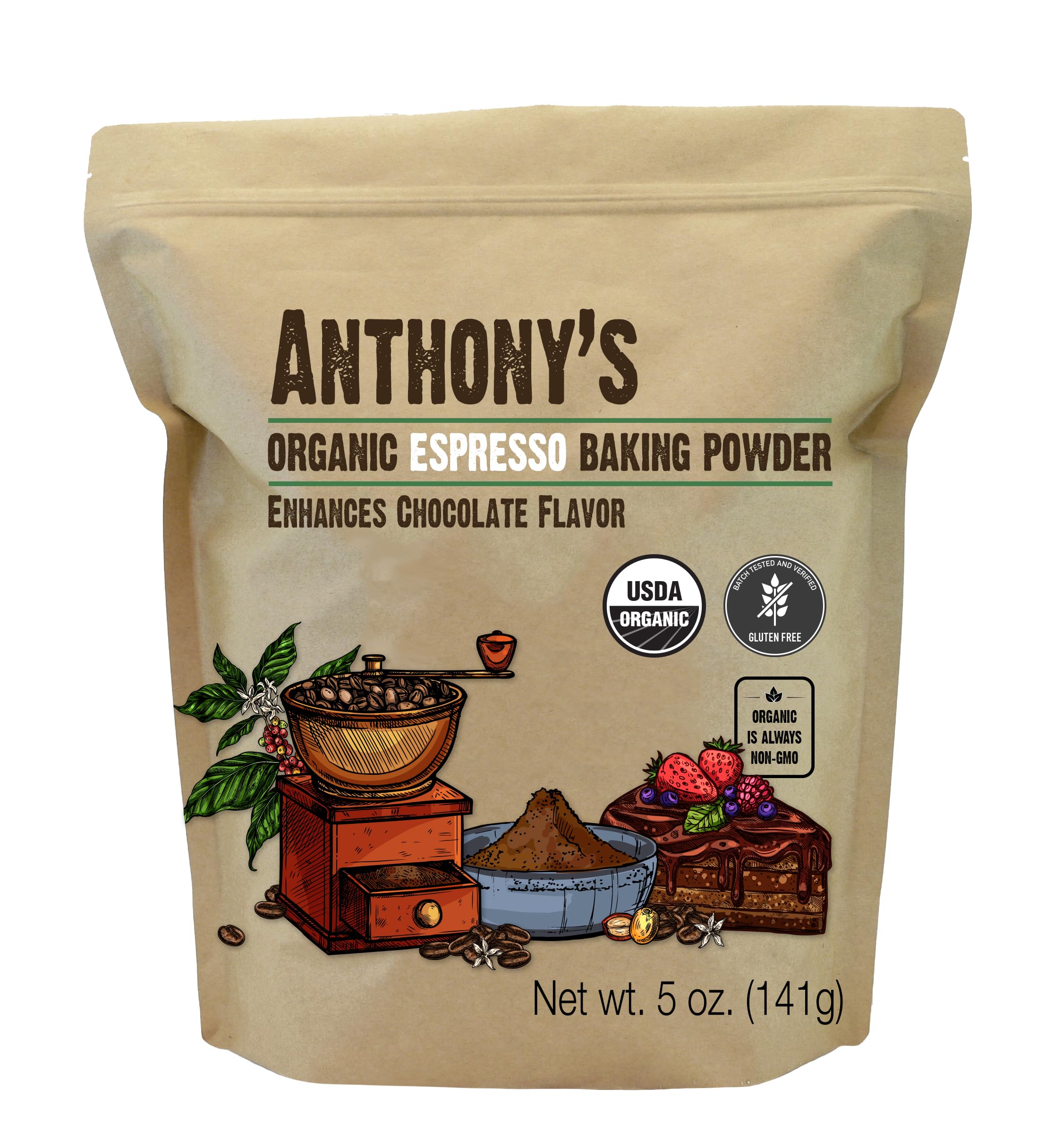 Anthony's front label view showing organic espresso baking powder, clear ingredient benefit
