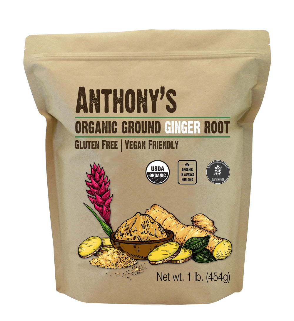 Anthony's front packaging showing 1 lb organic ginger and clear label benefits