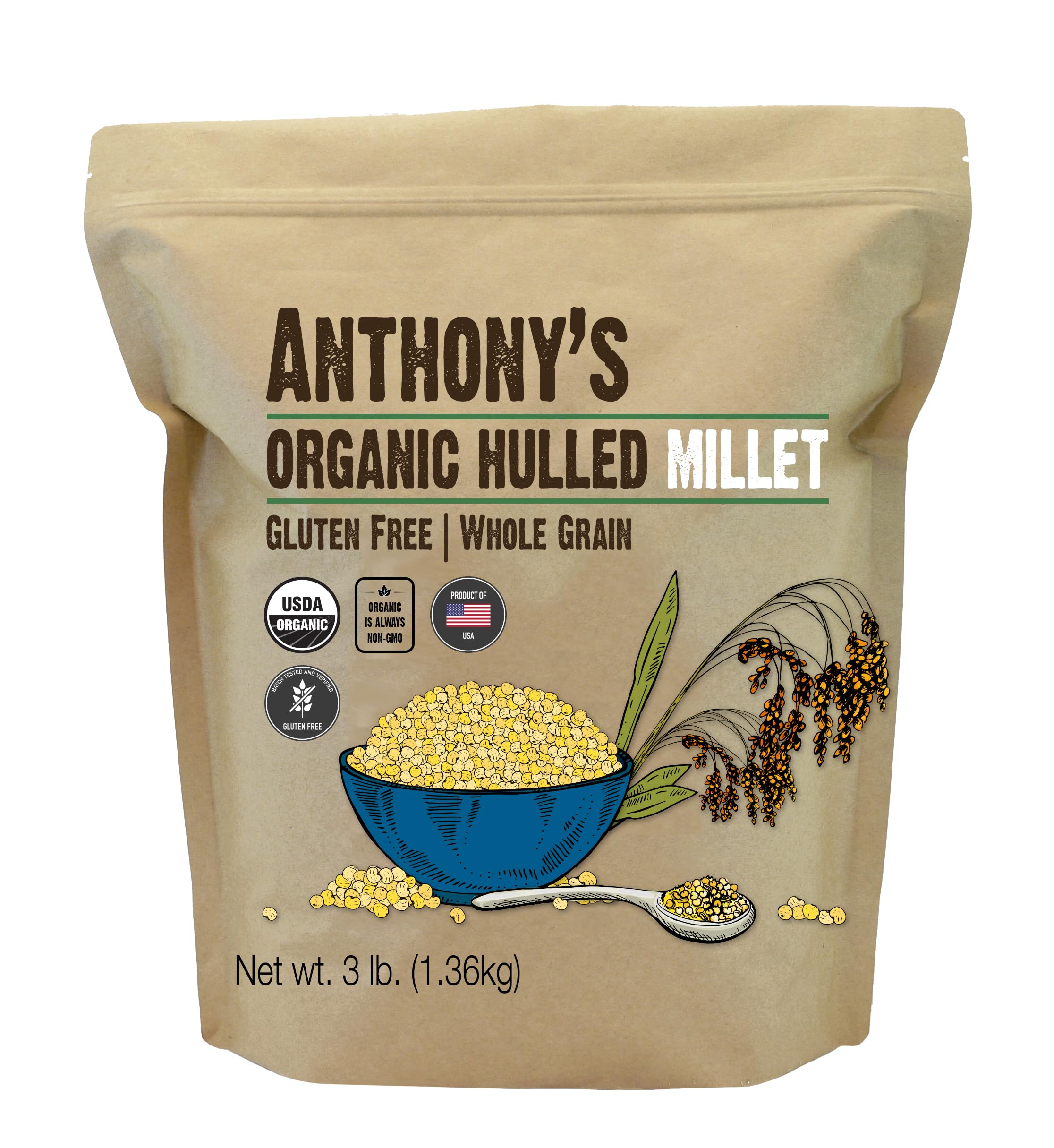 Anthony's front packaging of organic hulled millet showing product and weight