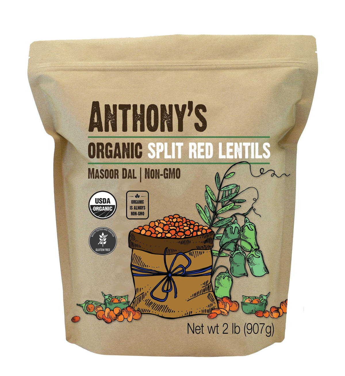 Anthony's front packaging showing 2 lb organic split red lentils for pantry convenience