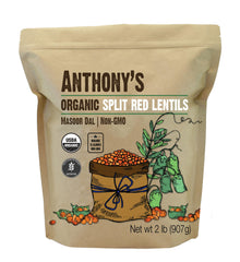 Anthony's front packaging showing 2 lb organic split red lentils for pantry convenience