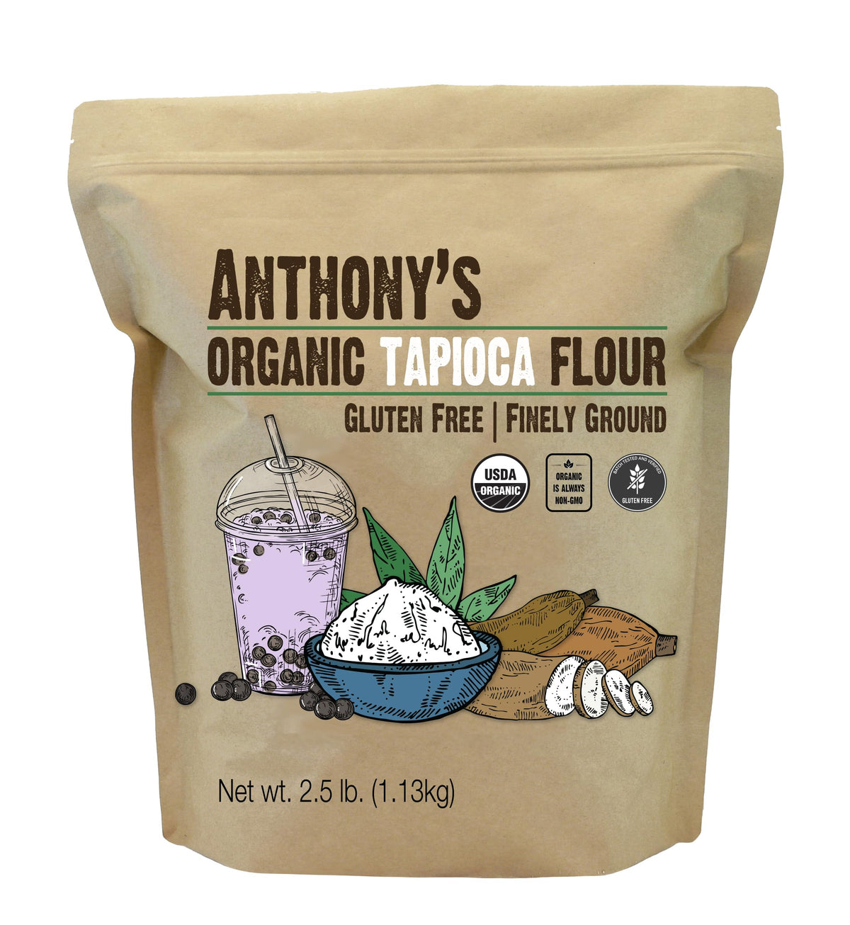 Anthony's front packaging of 2.5 lb organic tapioca flour showing label and bag benefits
