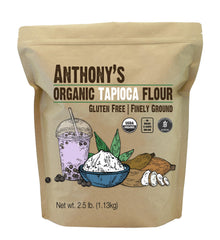 Anthony's front packaging of 2.5 lb organic tapioca flour showing label and bag benefits