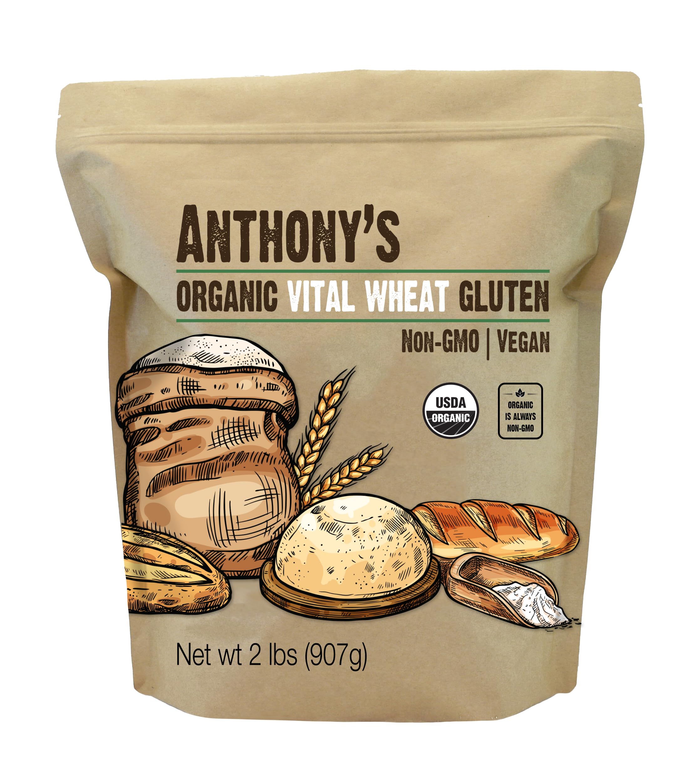 Anthony's front packaging of organic vital wheat gluten showing brand and weight benefits