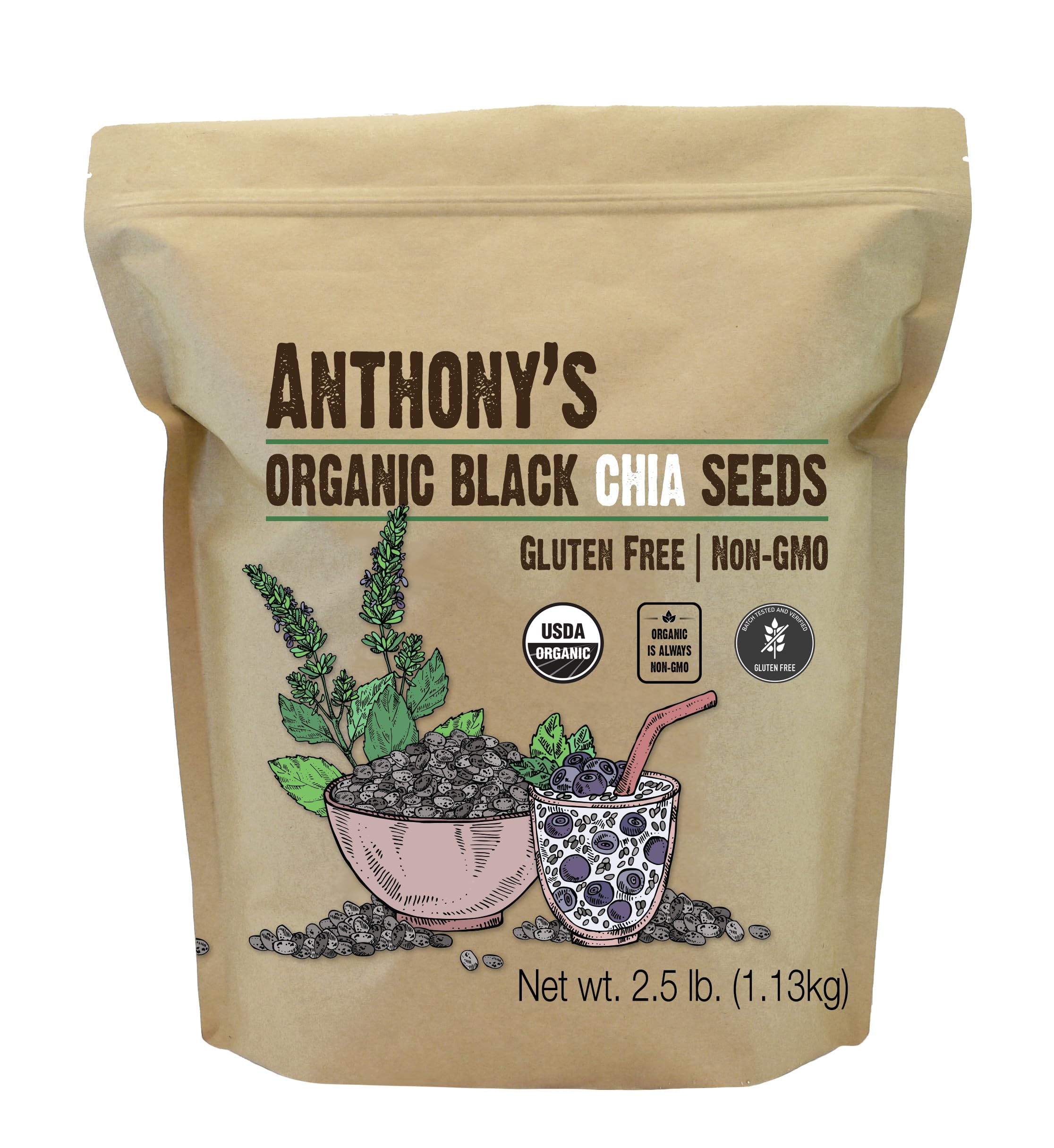 Anthony's pack front showing 2.5 lb organic chia seeds and clear branding for pantry convenience