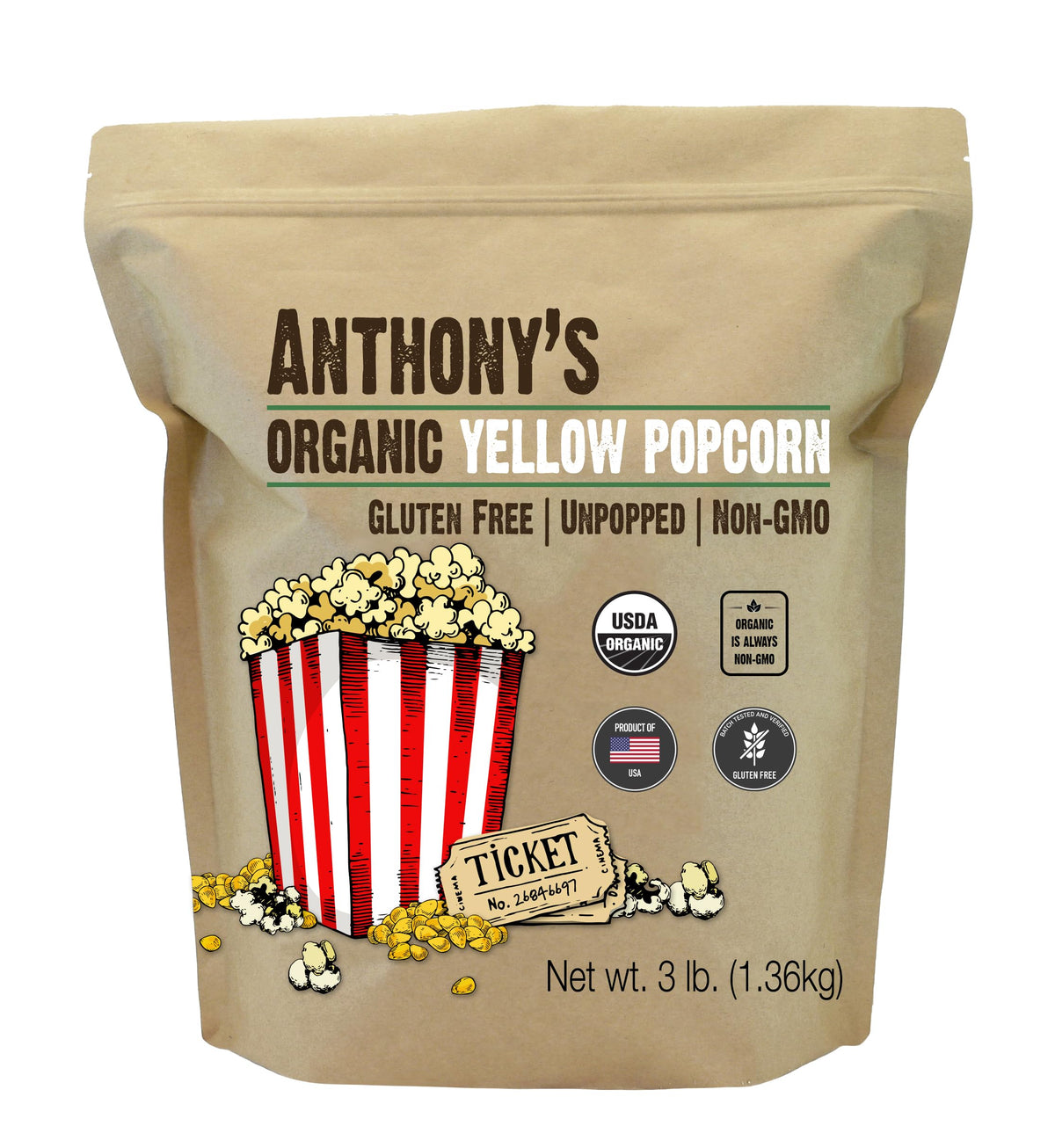 Anthony's front packaging 3 lb bag showing organic label and benefits