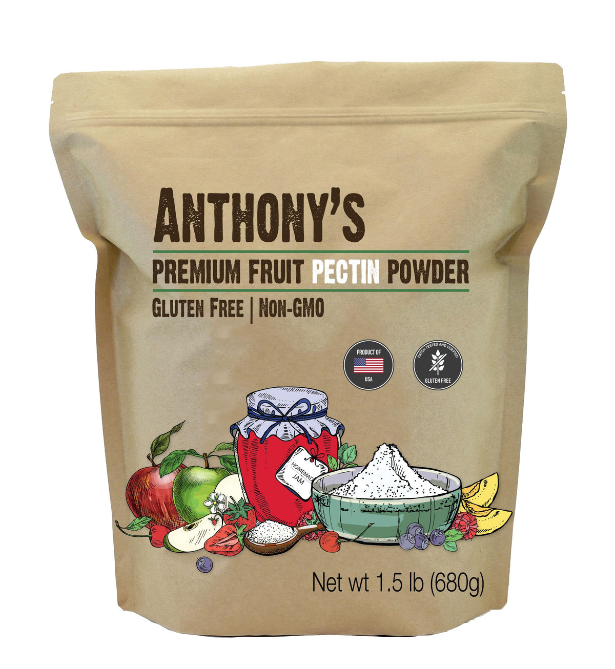 Anthony's premium fruit pectin front packaging shows brand and size, indicating reliable supply