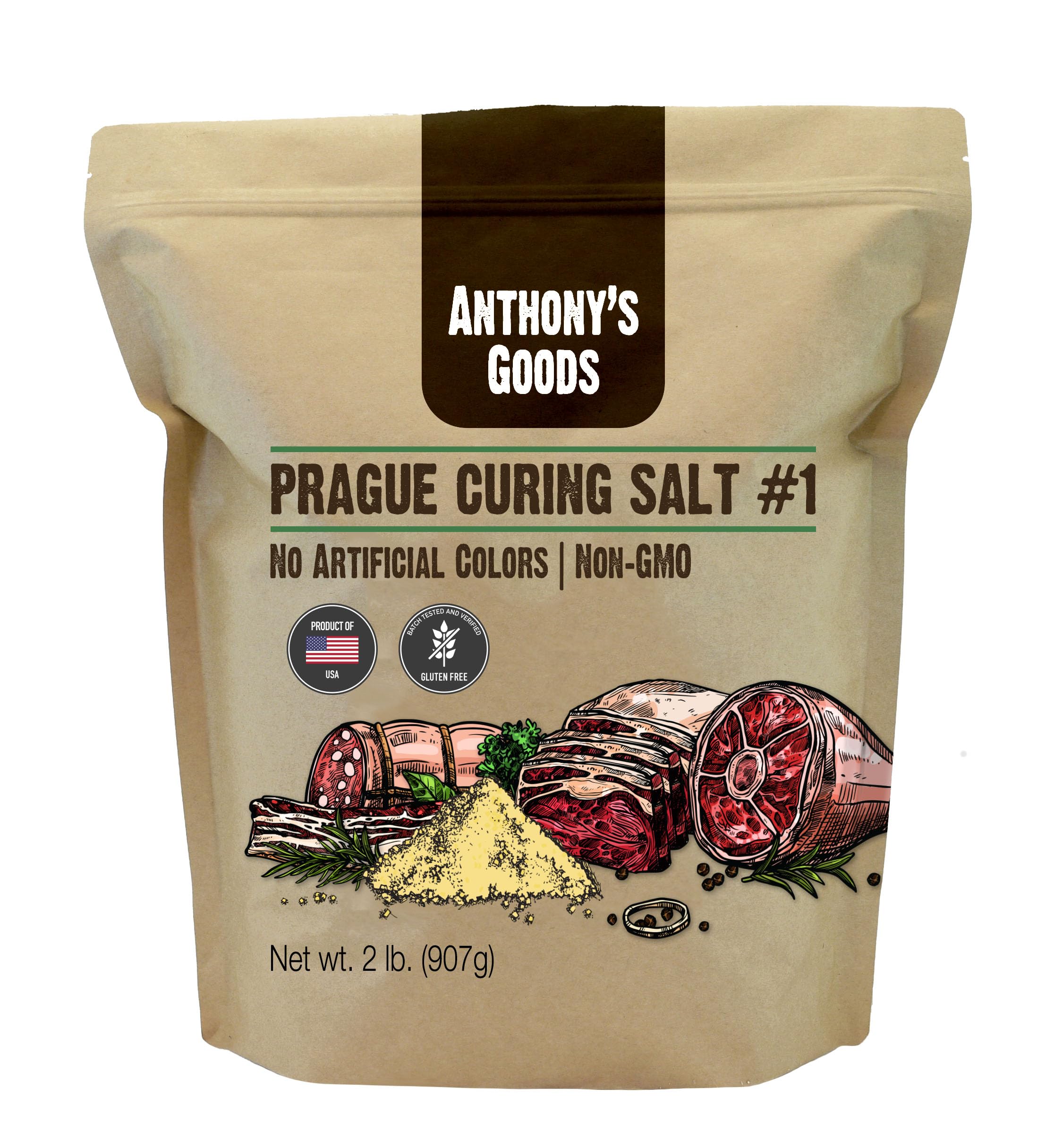 Anthony's front package showing 2 lb curing salt and clear product identity benefit